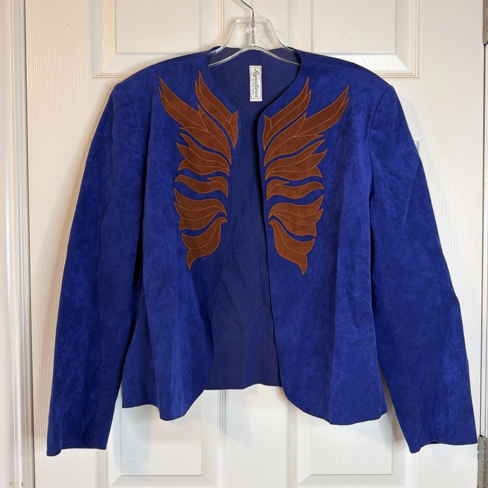 Signatures By Ross Taylor Royal Blue Brown Embroidered Design Suede Jacket Sz 14